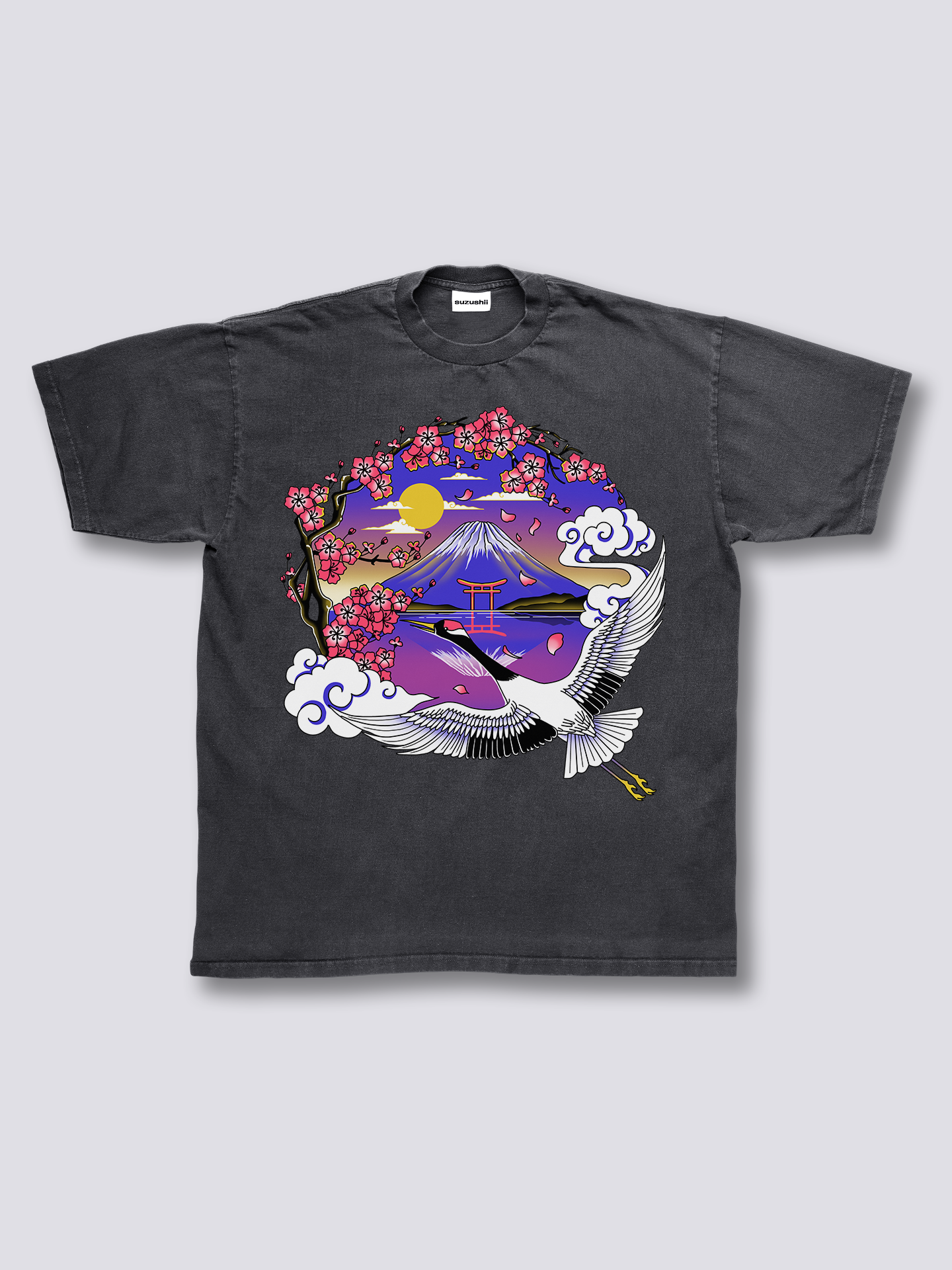 Front Print - Mount Fuji Crane Vintage T-Shirt