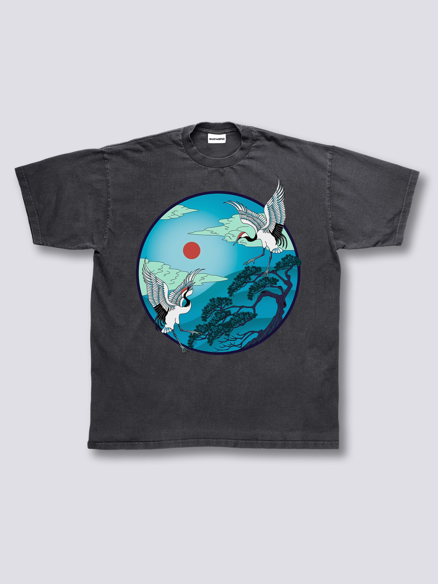 Front Print - Flying Cranes Vintage T-Shirt